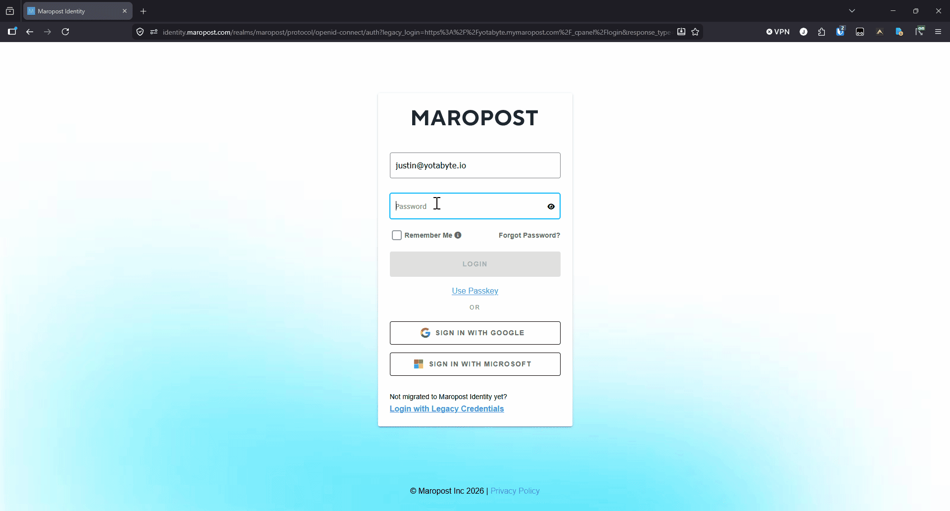 The Identity hub listing your stores, then picking one