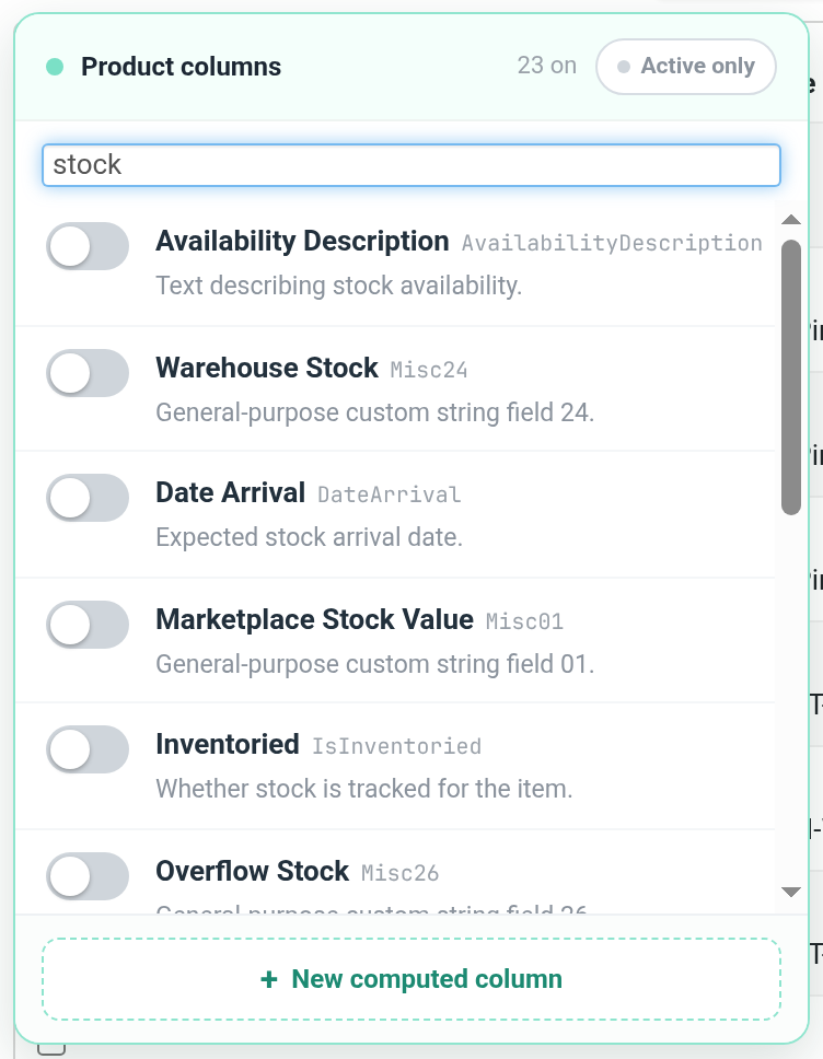 The Sidekick Columns panel on the product list, with custom fields listed by name