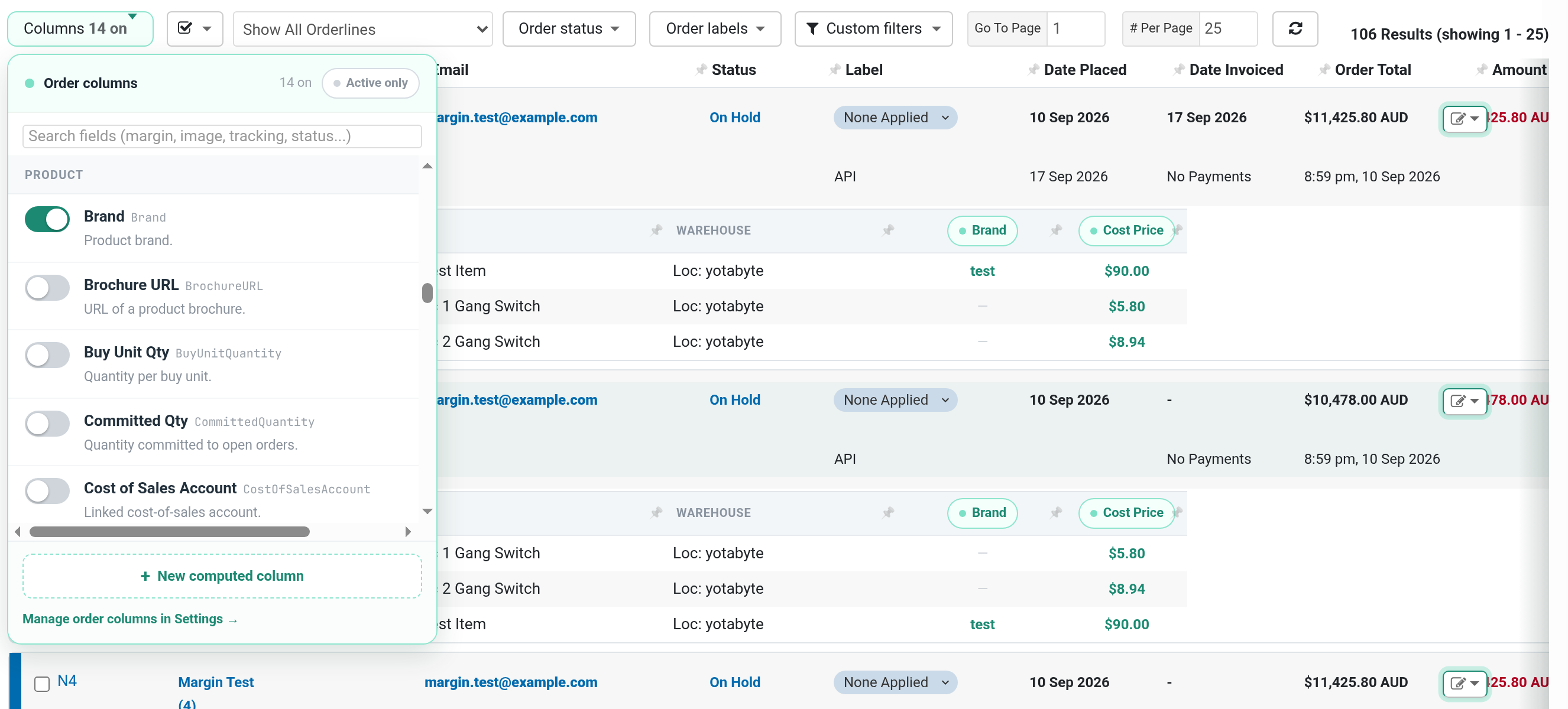 The Columns panel on the order list, with the Product section open