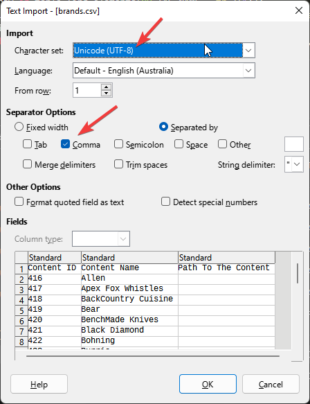 Select Unicode, comma delimited.